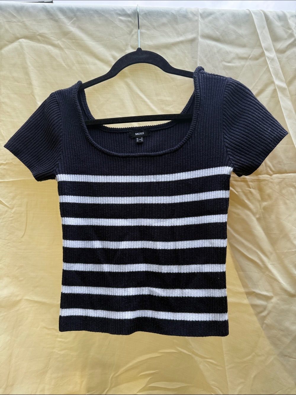 Mexx Black and White Striped Ribbed Square Neck Tee